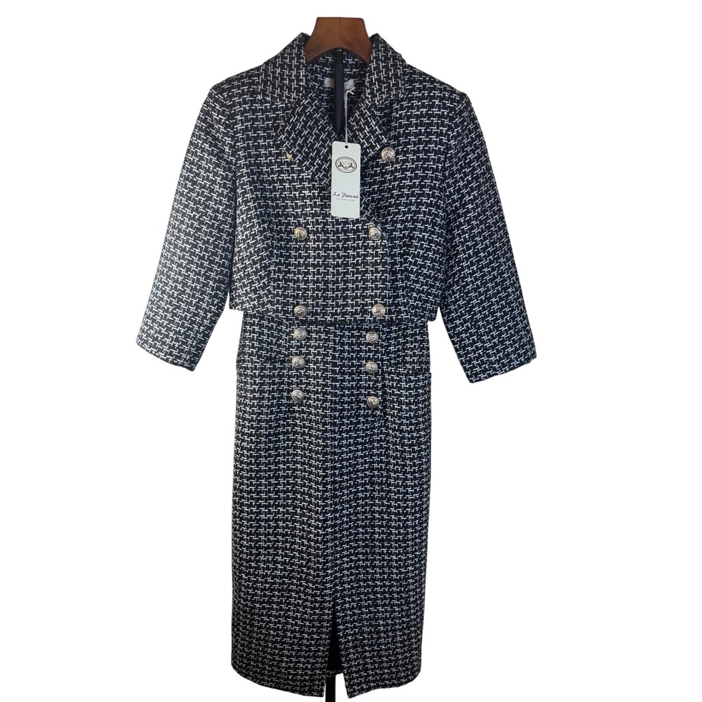 La Pateau Womens Tweed 2 Piece Skirt Suit Set Black White Lion Buttons Size 36